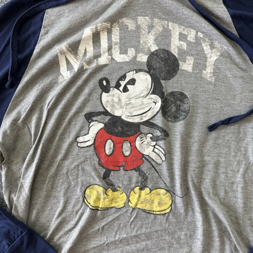 Disney World Mickey Mouse Hooded Long Sleeve Blue Gray Raglan Shirt - Sz 2XL